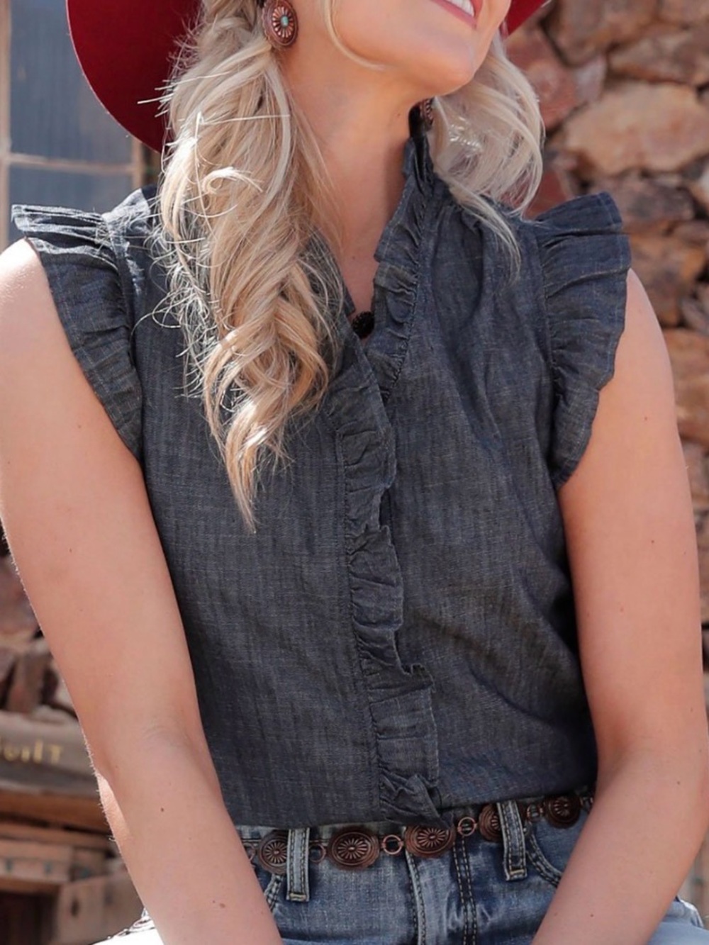 Women’s large Cruel Girl Women's Blouse Ruffle Sleeveless Button Down Denim